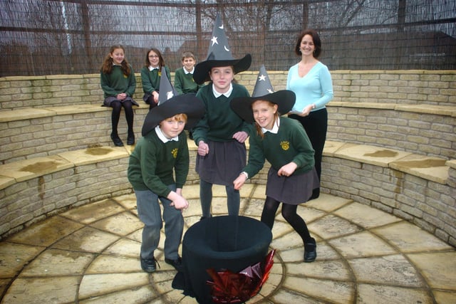 Pupils at Breck Road Primary School in Poulton in their own ampitheatre, 2008. L-R are at back are Harriet Clegg (10), Jessica Brown (10), Gareth Atkinson (10) and teacher Cheryl Brindle. L-R at front are Oliver Smith (10), Bethany Saunders (10) and Sophie Eaves (10).
