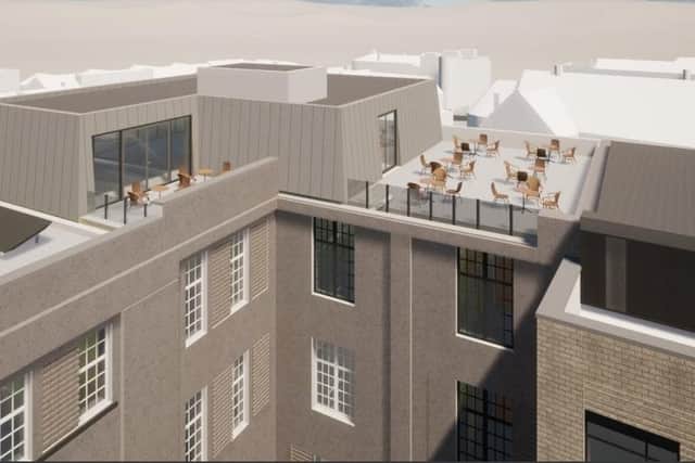 Updated artist’s impression of the proposed Indigo Hotel showing the roof terrace (credit Franklin Ellis Architects)
