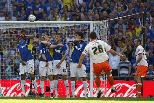 Adam equalised for Blackpool in the final with a pinpoint free-kick into the top corner