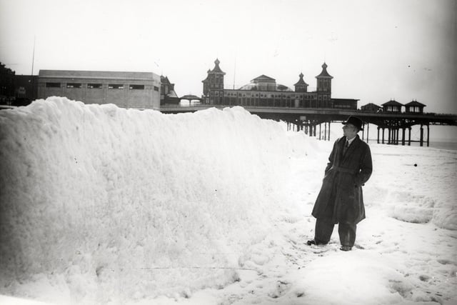 A wall of snow facing this gentleman on Central Beach in 1947
