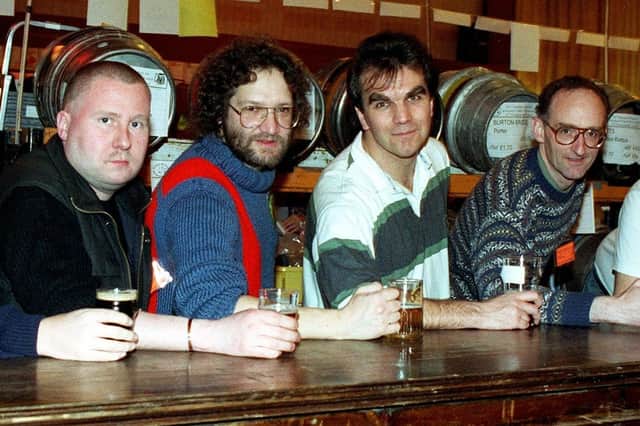 Ready for the rush at Fleetwood Beer Festival. Bartenders (from left) Gary Walkey, Pete Carter, Rob Wheatley, Mark Kirkland, Ian Wood and Ron Miller in 1998
