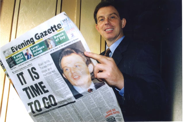 Tony Blair reading the Blackpool Evening Gazette at the Labour Party Conference in Blackpool, 1994