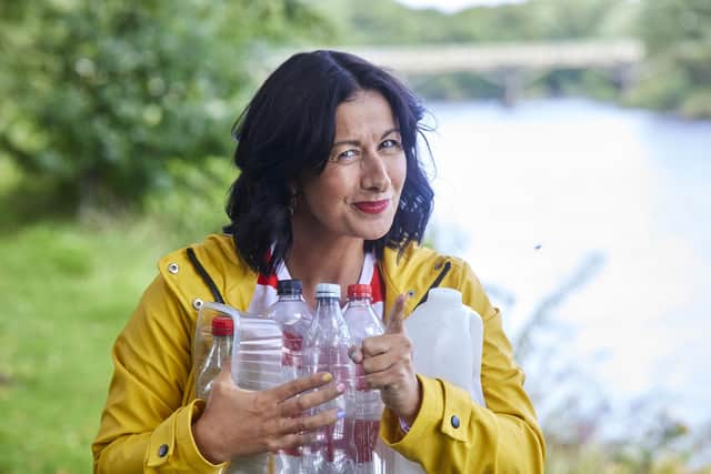 Blackpool actress Hayley Tamaddon has joind a campaign to highlight how litter on the banks of rivers often ends up in the water. Above she is pictured at Avenham Park in Preston.