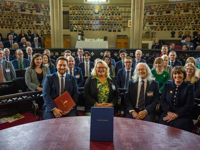 [From left] Levelling Up Minister Jacob Young,  Blackpool Council leader Lynn Williams, Blackburn with Darwen Council leader Phil Riley, Lancashire County Council leader Phillippa Williamson and, behind them, their respective government and council teams at the devolutionn deal signing ceremony at Lancaster Castle (image: Martin Bostock Photography)