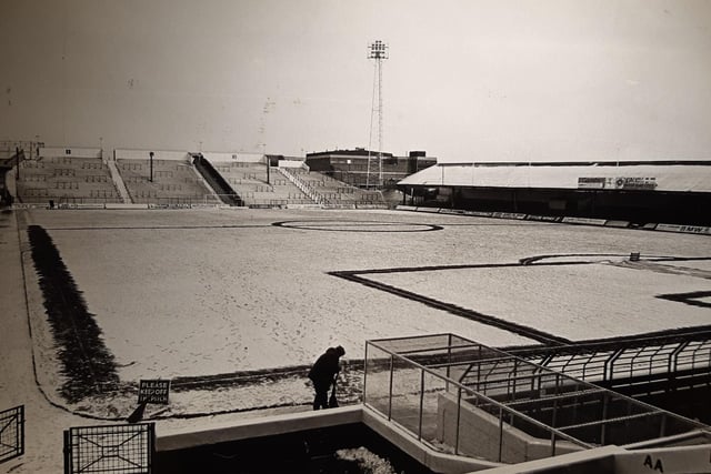 A snow covered pitch in January 1982