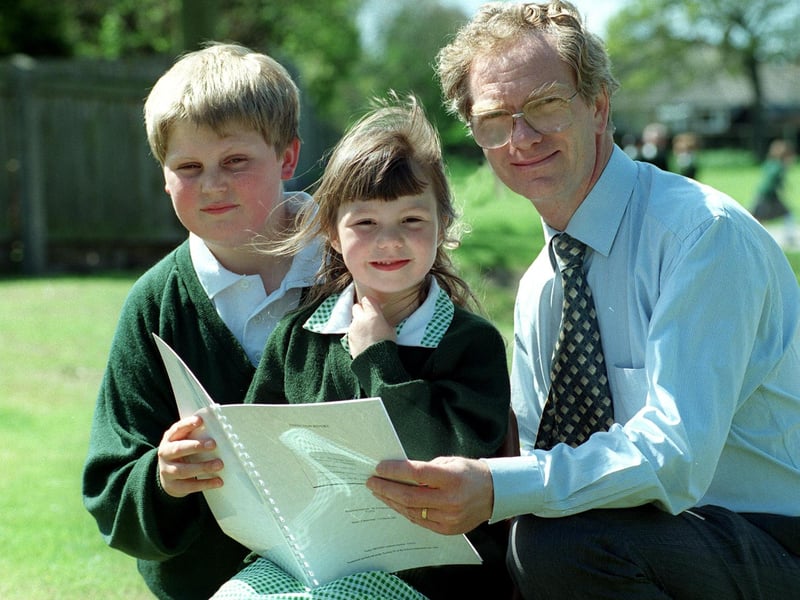 Carleton CE Primary School headteacher Michael Tempan, with pupil Victoria Sanderson, 1997