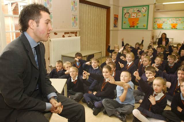 Blackpool Gazette reporter Andy Sykes talks to children at Waterloo Primary School in Blackpool about life working at a newspaper