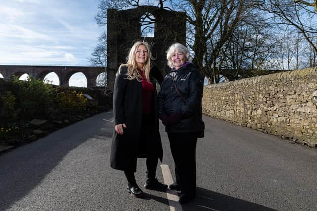 Kath Lord-Green with her mum Podcaster Jean Lord in front of Whalley Abbey East Gatehouse on Ridding Lane. Photo: Kelvin Stuttard