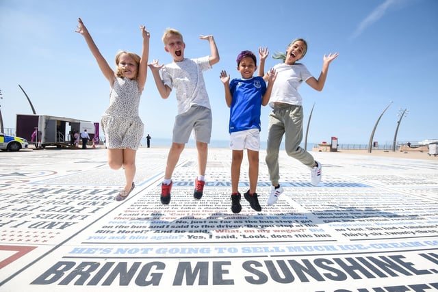 The request to 'Bring Me Sunshine on Blackpool's Comedy Carpet is instantly fulfilled for Hania Phillips,seven, Tymek Phillips, 11, Leighton Welsh, eight and Jessica Welsh, 10.