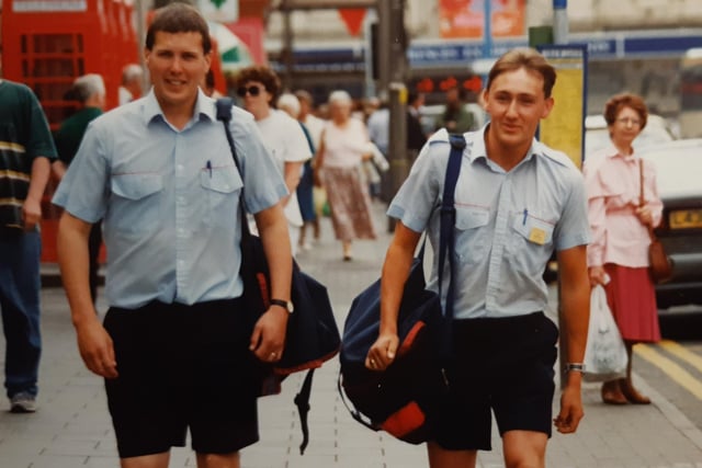 In July 1994, postmen were allowed to wear shorts in the hot weather. This is Sean Isherwood and Stuart Goodfellow