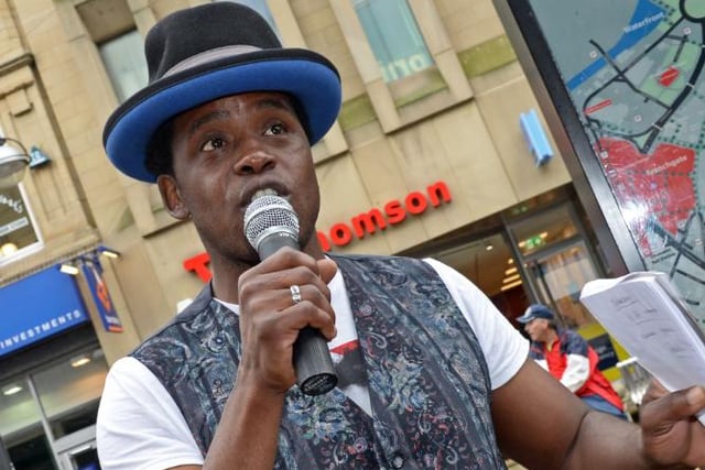 A Doncaster poet performing in the town centre.