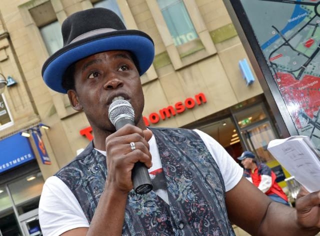 A Doncaster poet performing in the town centre.