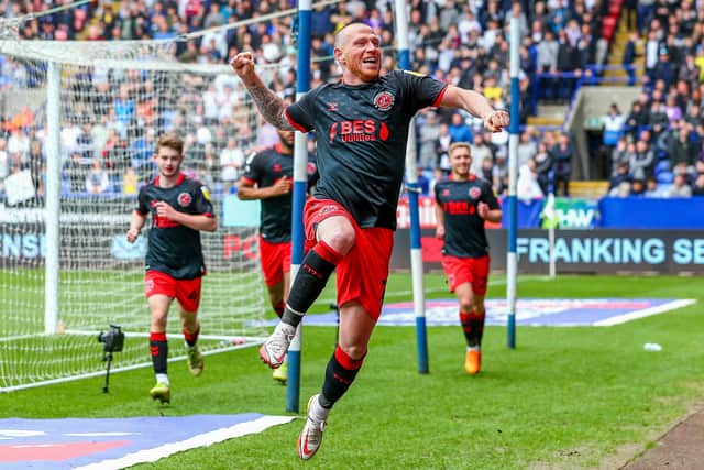 Joe Garner celebrates scoring Fleetwood Town's second goal at Bolton Wanderers Picture: Sam Fielding/PRiME Media Images Limited