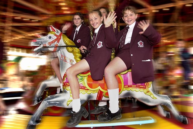 Pupils took part in a carousel marathon at Blackpool Pleasure Beach. Pictured are Kirsty Meek, Lauren Farmer,  Louise Clayton and Saphra Sumner.