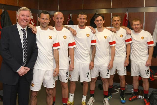 MANCHESTER, ENGLAND - MAY 24:  (EXCLUSIVE COVERAGE: MINIMUM FEES APPLY - 250GBP OR LOCAL EQUIVALENT, PER IMAGE)  (L-R) Sir Alex Ferguson, Ryan Giggs, Nicky Butt, David Beckham, Gary Neville, Phil Neville and Paul Scholes of Manchester United recreate the famous Class of '92 photo from 1992 ahead of Gary Neville's testimonial match between Manchester United and Juventus at Old Trafford on May 24, 2011 in Manchester, England.  (Photo by John Peters/Manchester United via Getty Images)