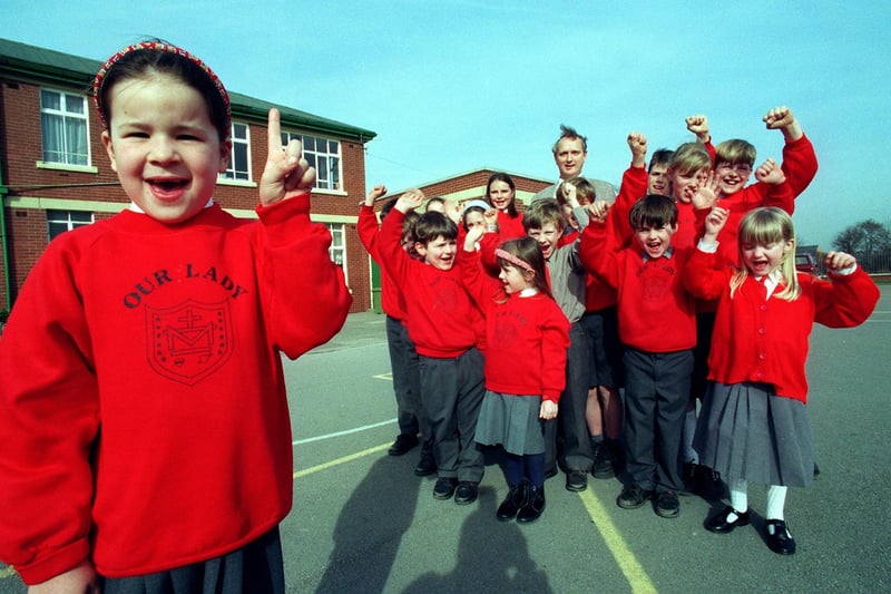 Kristen Smith and friends from Our Lady of the Assumption school celebrating being being top of the primary school league tables in Blackpool