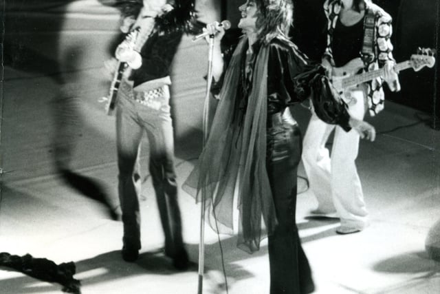 Rod Stewart with (left) Ronnie Wood and Tetsu Yamauchi when The Faces appeared at Blackpool Opera House in December 1974