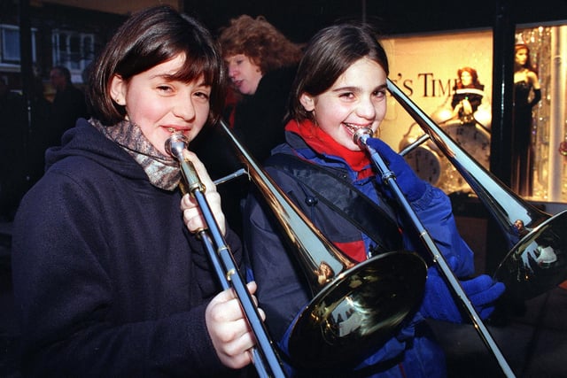 From Lytham St Annes High School Wind Band - Anna Spooner (left) and Helen Rouse - at the Lytham Christmas lights switch-on in 1999