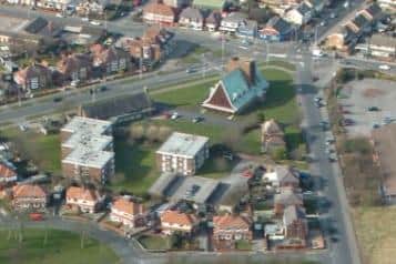 Areal view showing site of the proposed youth centre in Fleetwood, behind St Nicholas Church