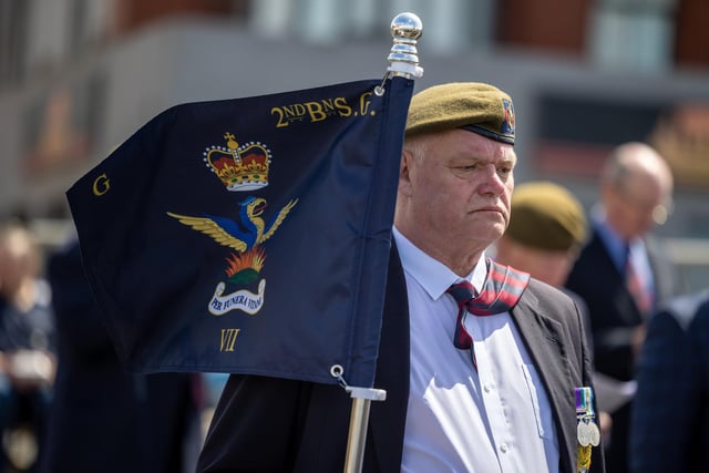 A veteran in solemn thought  at Blackpool Cenotaph for the 40th anniversary Falklands War ceremony