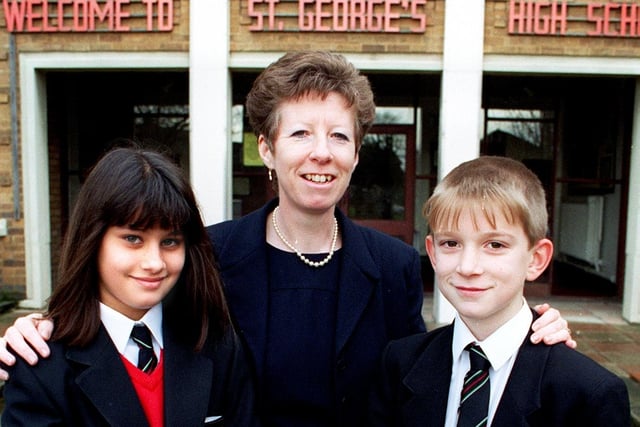 Elizabeth Warner, the new head at St George's High School in Marton, with pupils Leanne Poole (12) and Chris Holt (11), 1998