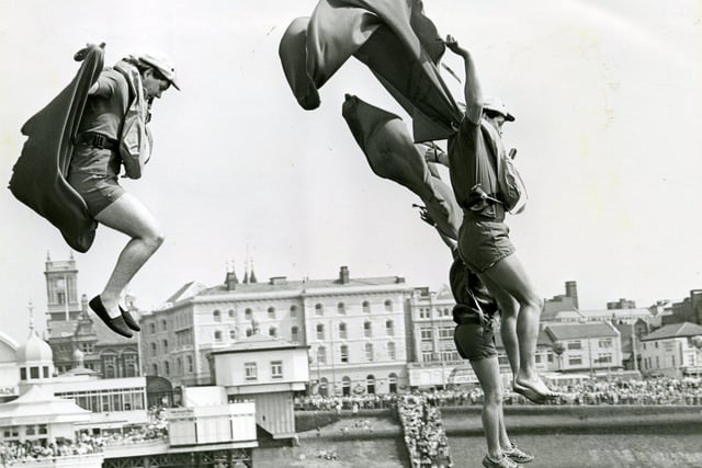 Blackpool North Pier Birdman competition - winners in 1986 The Red Sparrows. Steven Pithers, Iain Russell and Anthony Lynden clinched first prize for the most entertaining flight with their barmy performance