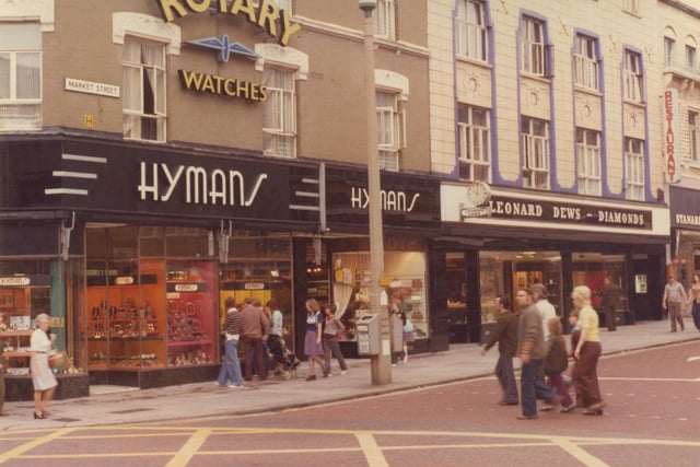 Side by side - Leonard Dews and Hymans dominated the corner of Market Street and Church Street in this picture from the 1970s