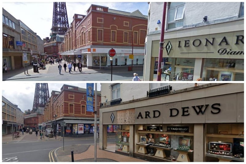 Leonard Dews, one of Blackpool's long-standing jewellers is featured in this contrasting montage at the corner of Church Street and Market Street. The shop on the opposite side of the road used to be The Orange Shop
