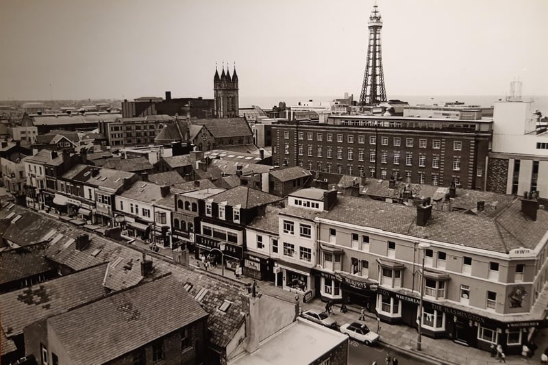 Superb aerial shot of Topping Street as viewed from the top of the bus station car park in July 1986