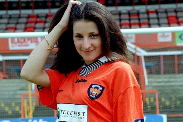 The new Blackpool FC strip with sponsors Telewest, modelled by Gazette editorial assistant Nicole Luby in 1997. The players wore the kit until 2001