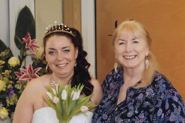 Linda Leary with her daughter Debbie on Debbie's wedding day