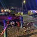 A car smashed into a metal bollard following a two-vehicle crash in Cleveleys (Credit: Simone Harrison)