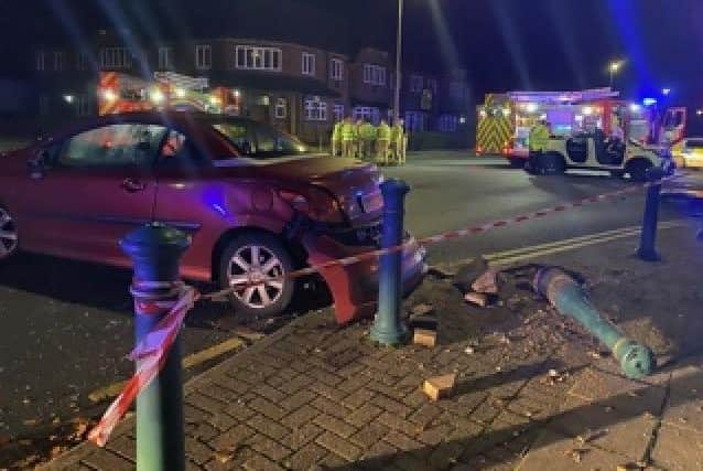A car smashed into a metal bollard following a two-vehicle crash in Cleveleys (Credit: Simone Harrison)