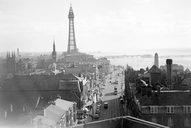 A view of Blackpool Tower looking south from the roof of the Regent Court flats in 1963. To the left of the Tower is the spire of the Town Hall (removed in 1966) and on the right is the Metropole Hotel complex