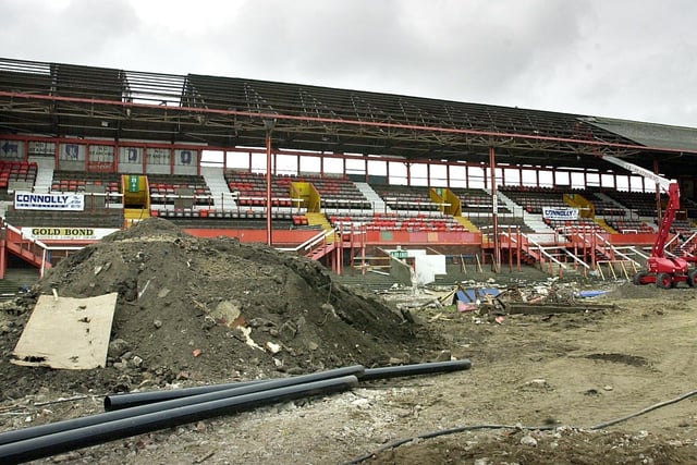 The new temporary seating for the East Stand at Bloomfield Road was being assembled in this picture from 2003 as the old South Stand comes down