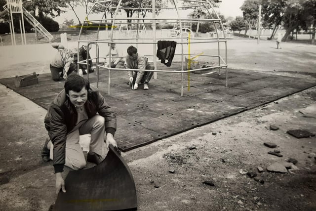 Thousands of rubber mats were being fixed under swings and roundabouts in parks during the late 80s and early 90s - such as this in Kingscote Park