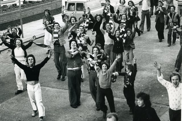 Manchester United supporters streamed through the streets of Blackpool for the match at Bloomfield Road in October 1974