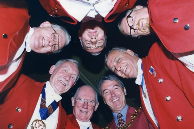Northern Guild of Toastmasters at their 10th anniversary in 1995. Pictured with Blackpool's Mayor Coun Stephen Beilby(wearing a collar and tie)  are (clockwise) John Herdman, John Welton, Ivor Williams, Rod Gibson, Richard Matthews and Bernard Carter