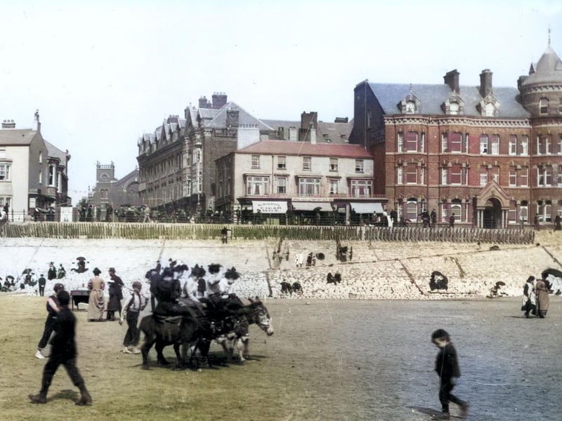 This colourised picture shows donkey rides on the beach in front of the old Palatine Hotel (right) and the bottom end of Adelaide Street. On the left is the Royal Hotel in 1898