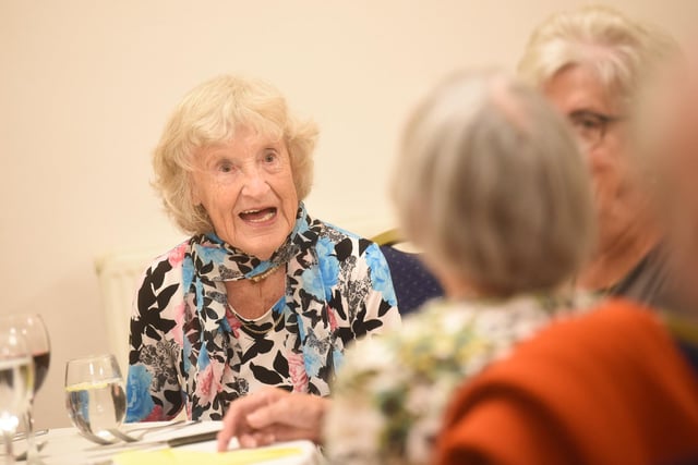 Joyce Day makes a point at the Just Good Friends 10th anniversary dinner.