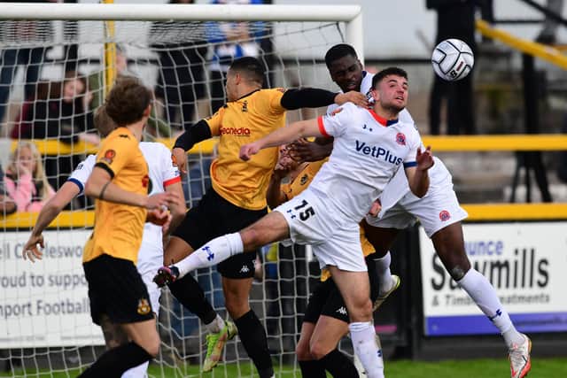 Defenders  Kyle Morrison and Emeka Obi in action for Fylde at Southport Picture: Steve McLellan
