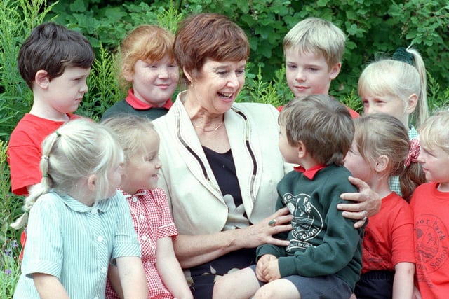 Moor Park Infants School headteacher Linda Tolson, who was retiring after 30 years service in 1999. She is pictured with, from left (back), Christopher Rumley, Blaise McEvoy, Alex Maddern, Amber Heacock. Front, from left, Deven Savage, Emily-Jane Roper, Stewart Pugh, Sharon Harrington and Emma Hanson.