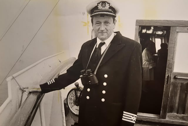 Captain vernon Kinley in 1986 commanding the Mona's Queen. He had a soft spot for Fleetwood as that was where he started his sailing career as a deckhand on a coaster