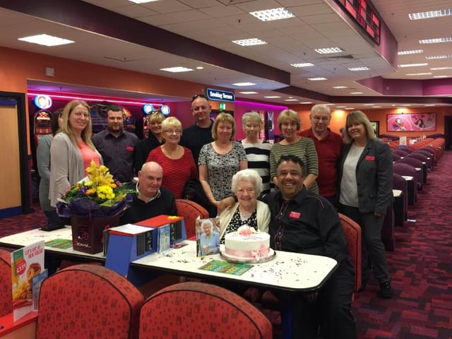 Margaret Tomlinson celebrates her 100th birthday with family and friends at Mecca Bingo on Talbot Road