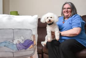 Artist Andrea Selley at home in Kirkham with her dog Rafi who features in her work