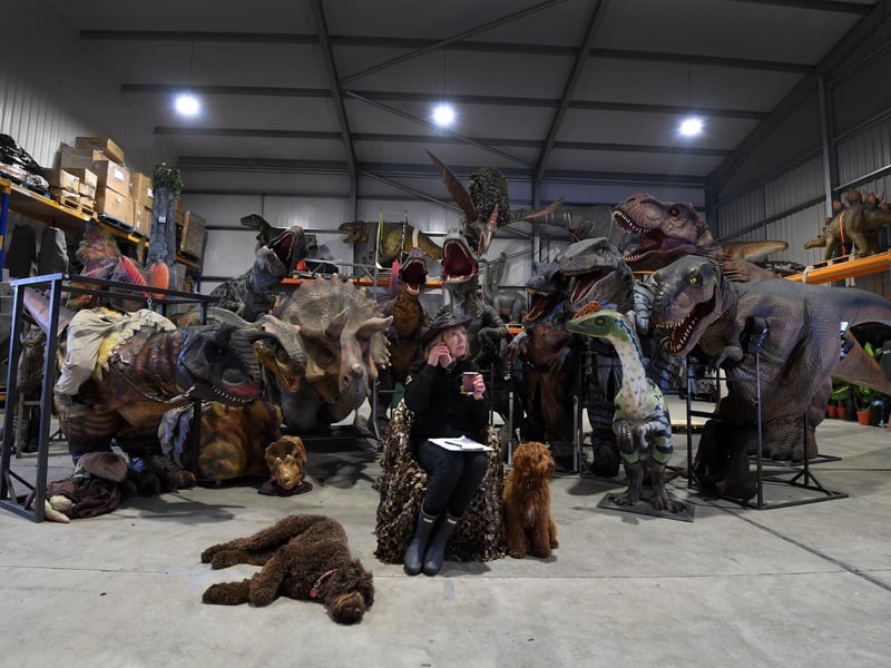 Erica Crompton, Director of Big Foot Events, with some of her Jurassic friends and pooch pals.