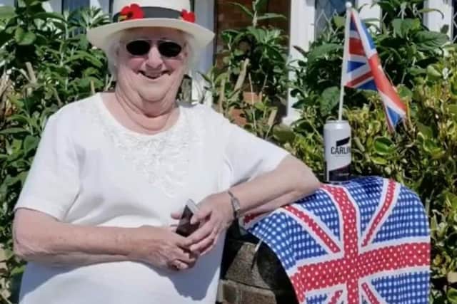 Beryl Hill takes part in the 2020 lockdown VE Day street party, and is looking forward to the Jubilee party in June for Brian House Children’s Hospice in Carleton