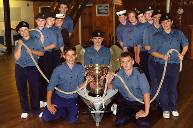 Fleetwood Sea Cadets - winners of the National Junior Boat-Pulling Competition. Pictured kneeling are three of the members of the winning team. From left: Kris Phillips, Sinead Scott, and Stephen Watt. The other two team members (not pictured) were Jonathan Holding and Jak Blundell