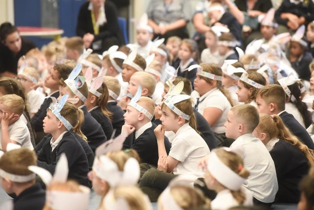 Pupils at Westminster Primary in Blackpool get into the spirit of things for the visit of Peter Rabbit
