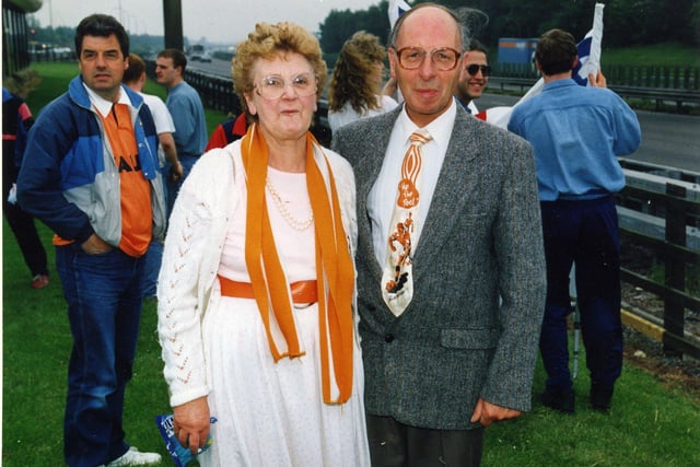 Dennis Griffiths and his wife Enid Griffiths on their way to Wembley for the Blackpool v Torquay match in June 1991. Mr Griffiths is sporting a 38 year old tie given to Sir Stanley Matthews at the 1953 FA cup final. The tie was given to Mrs Giffiths by Stanley Matthew's brother.